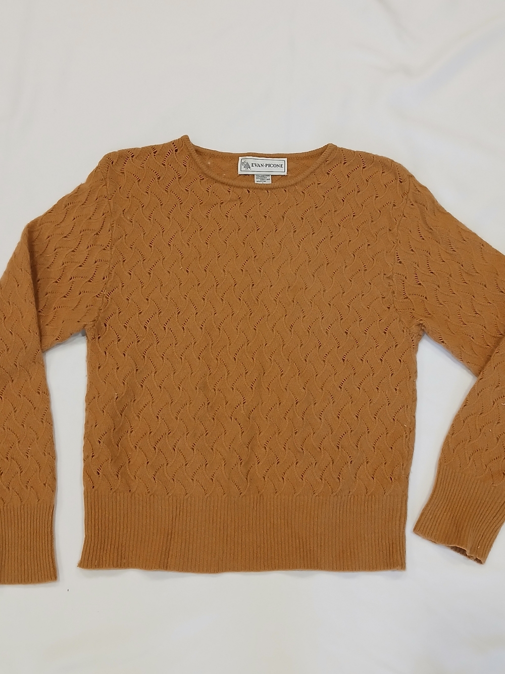 Vintage Evan Picone Womens L Pointelle Knit Sweater Tan Lambswool Angora Rabbit